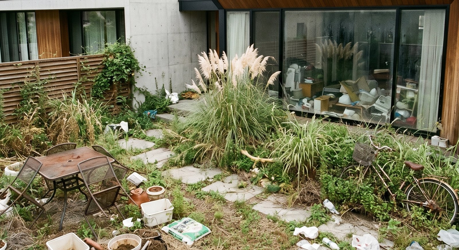 施工前のモダン住宅の荒れた庭